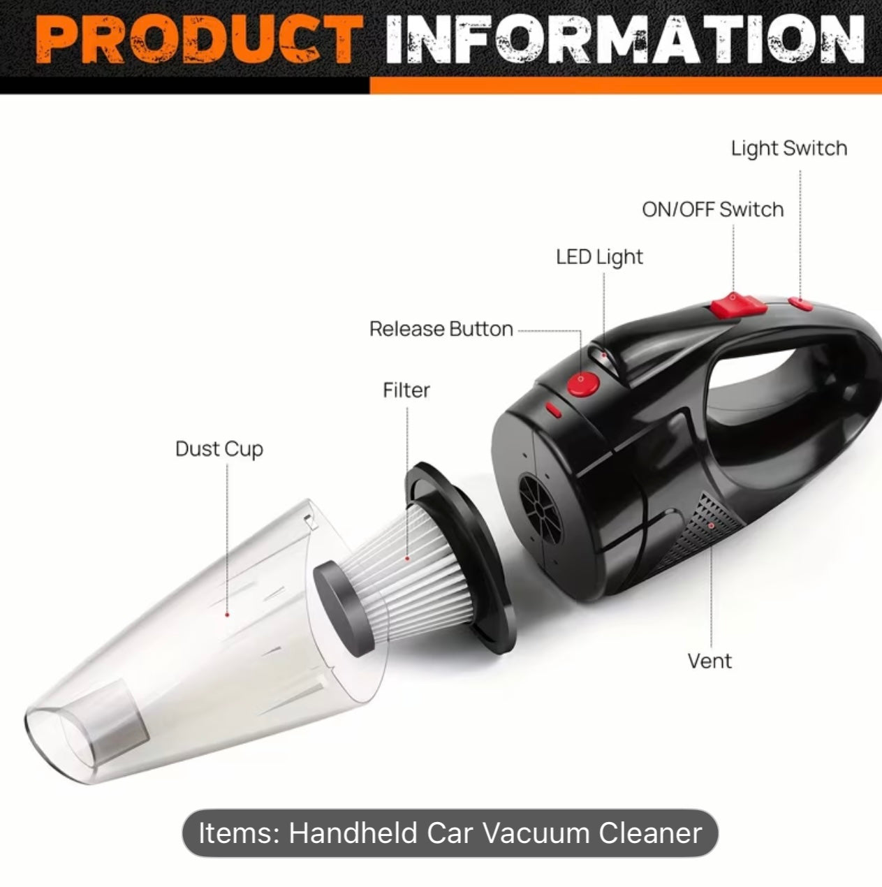 9000Pa Cordless Handheld Car Vacuum Cleaner with LED Light & HEPA Filter