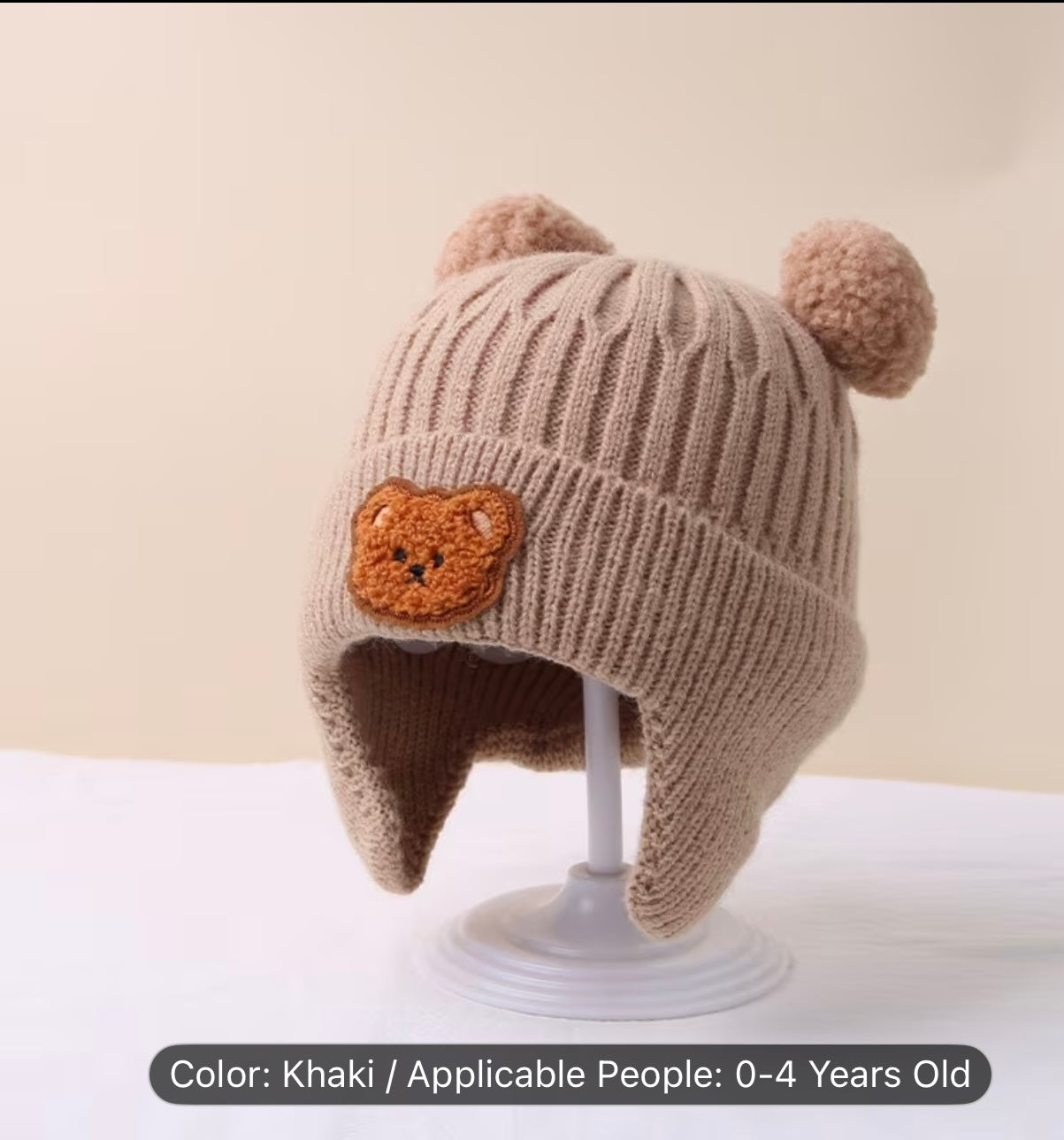 Cute Bear Ear Knitted Winter Beanie – Soft, Warm, Stretch-Fit Hat with Bear Patch for Toddlers and Young Children (8 Months–4 Years)
