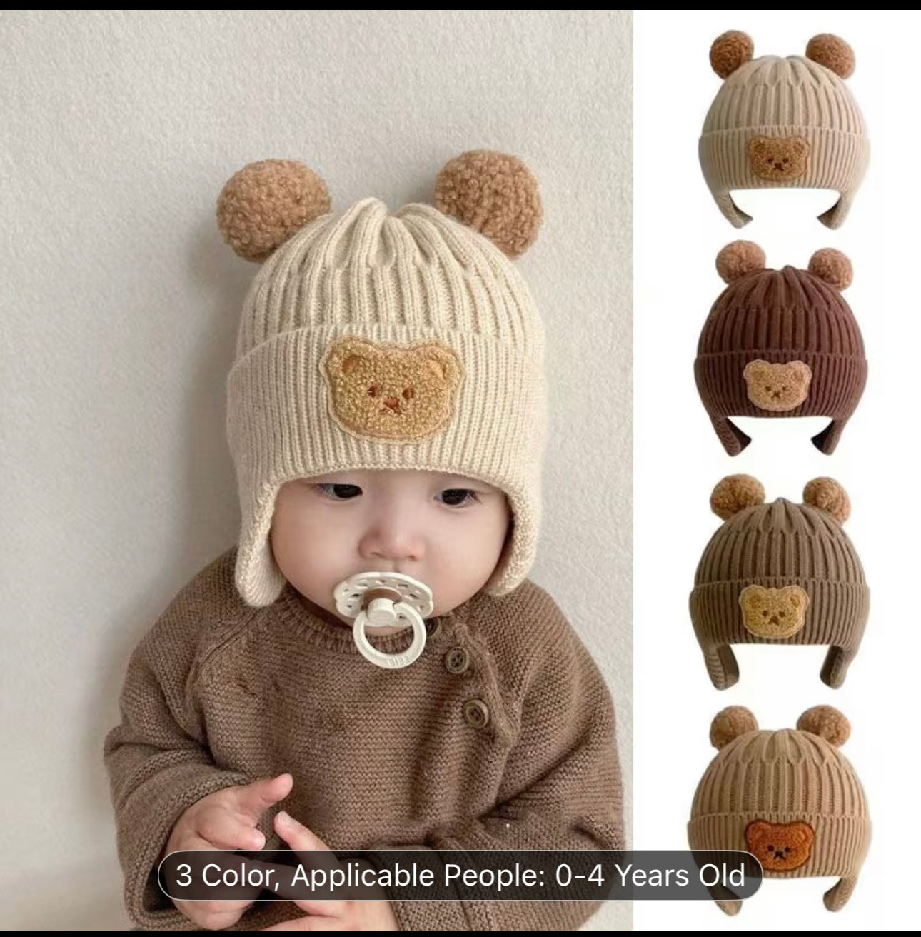 Cute Bear Ear Knitted Winter Beanie – Soft, Warm, Stretch-Fit Hat with Bear Patch for Toddlers and Young Children (8 Months–4 Years)