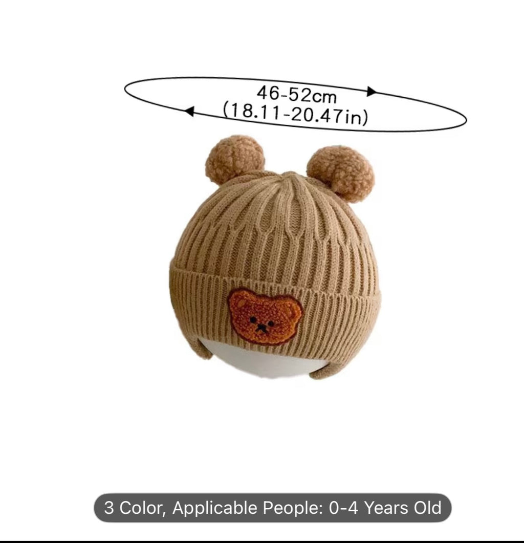 Cute Bear Ear Knitted Winter Beanie – Soft, Warm, Stretch-Fit Hat with Bear Patch for Toddlers and Young Children (8 Months–4 Years)