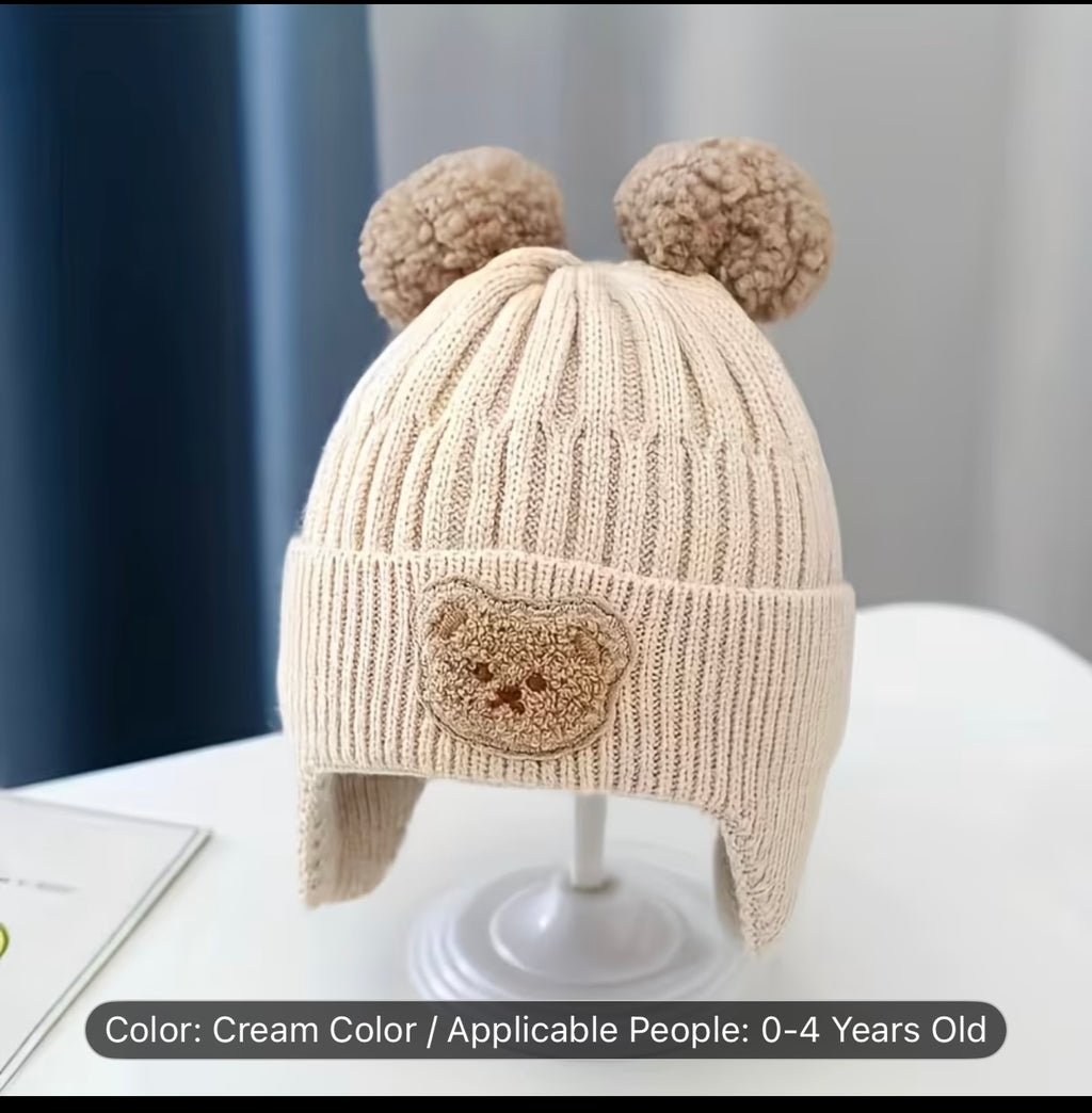 Cute Bear Ear Knitted Winter Beanie – Soft, Warm, Stretch-Fit Hat with Bear Patch for Toddlers and Young Children (8 Months–4 Years)