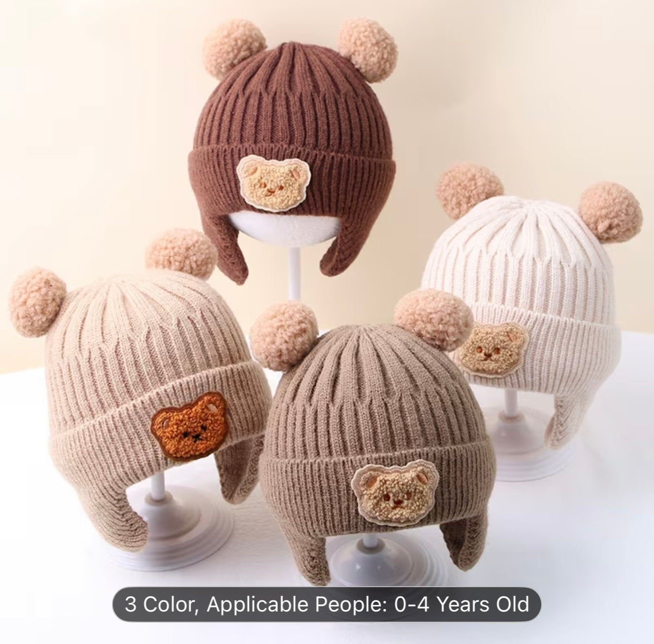 Cute Bear Ear Knitted Winter Beanie – Soft, Warm, Stretch-Fit Hat with Bear Patch for Toddlers and Young Children (8 Months–4 Years)